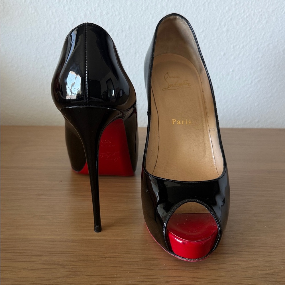 Christian Louboutin Black Patent Peep-Toe Pumps with Red Toe